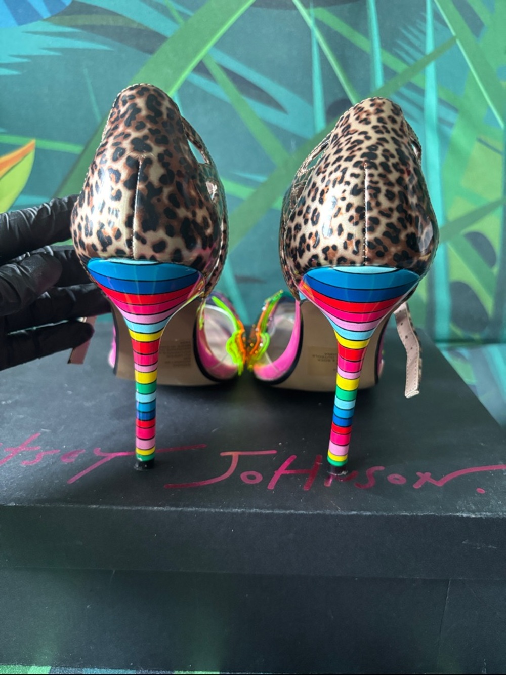 Betsey Johnson Leopard Print Strappy Heels with Rainbow Stripe Heel - Picture 2 of 15